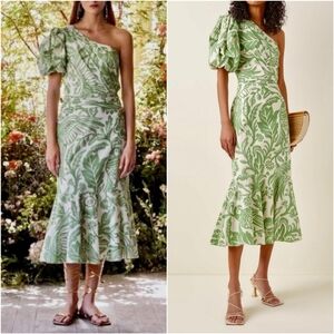 Johanna Ortiz‎ Orchid Dance One-Shoulder Midi Dress Green Size 0